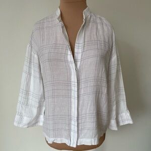 Vince Optic White Viscose Linen Hidden Placket Plaid Button-Up Blouse Size XS